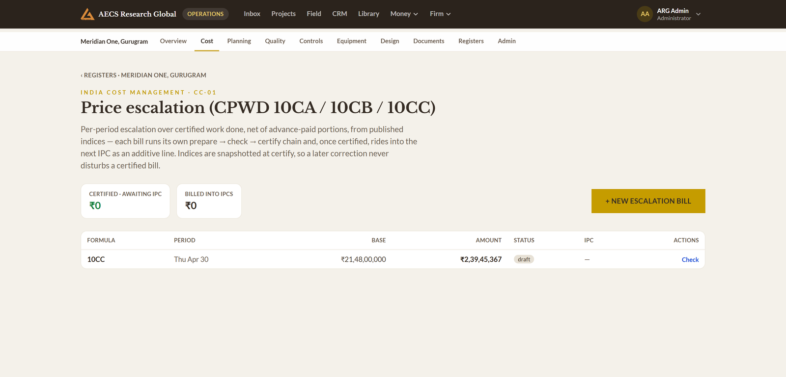 Module 04 · Escalation, LD & final bill — a screen from the ArgAssure application