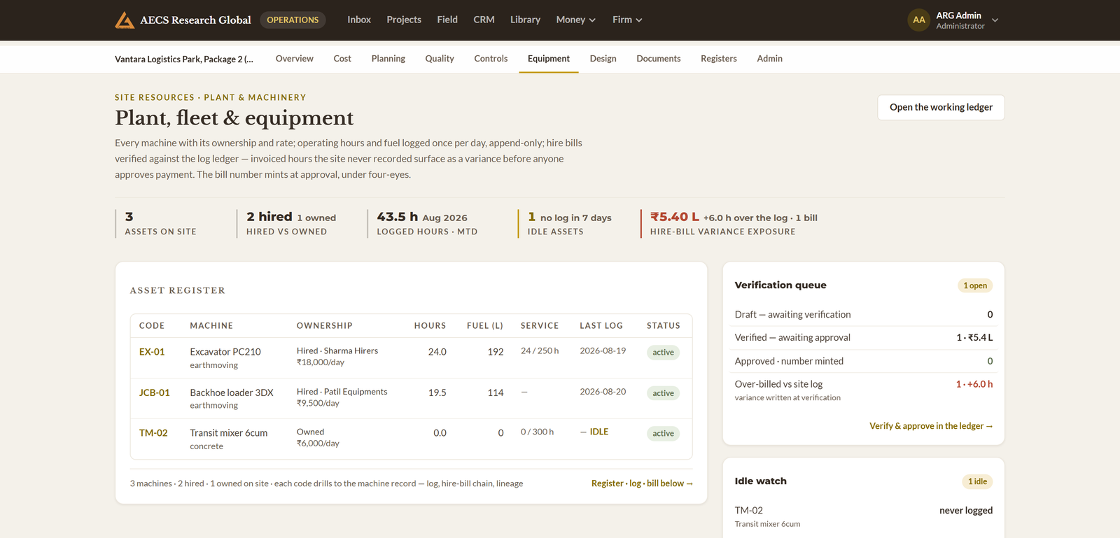 Module 12 · Plant, fleet & equipment ledger — a screen from the ArgAssure application