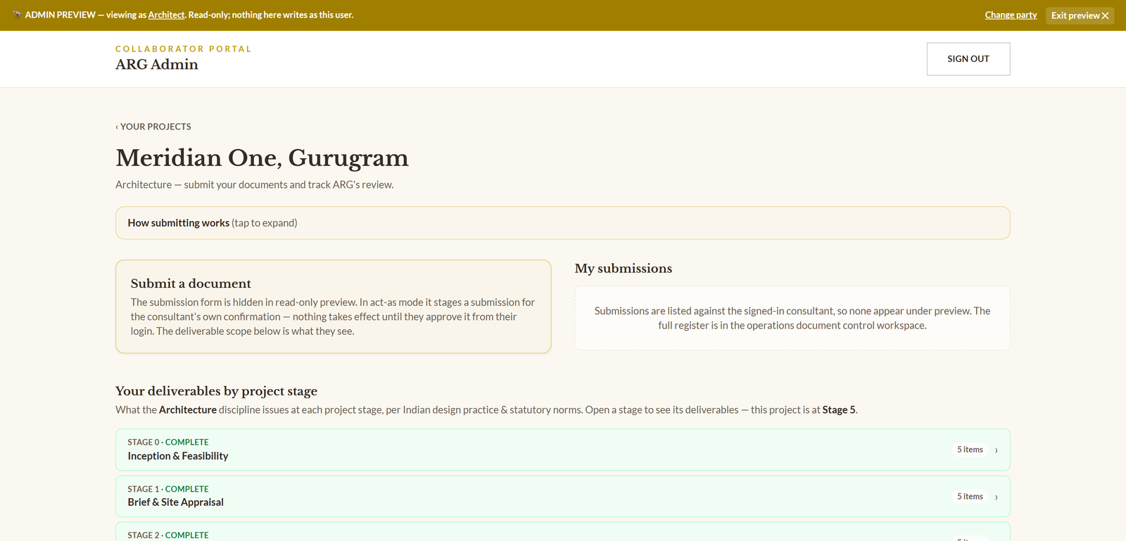 Module 03 · Consultant & portal submissions — a screen from the ArgAssure application