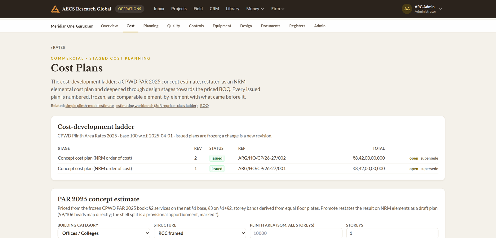 Module 07 · Design-stage cost management — a screen from the ArgAssure application