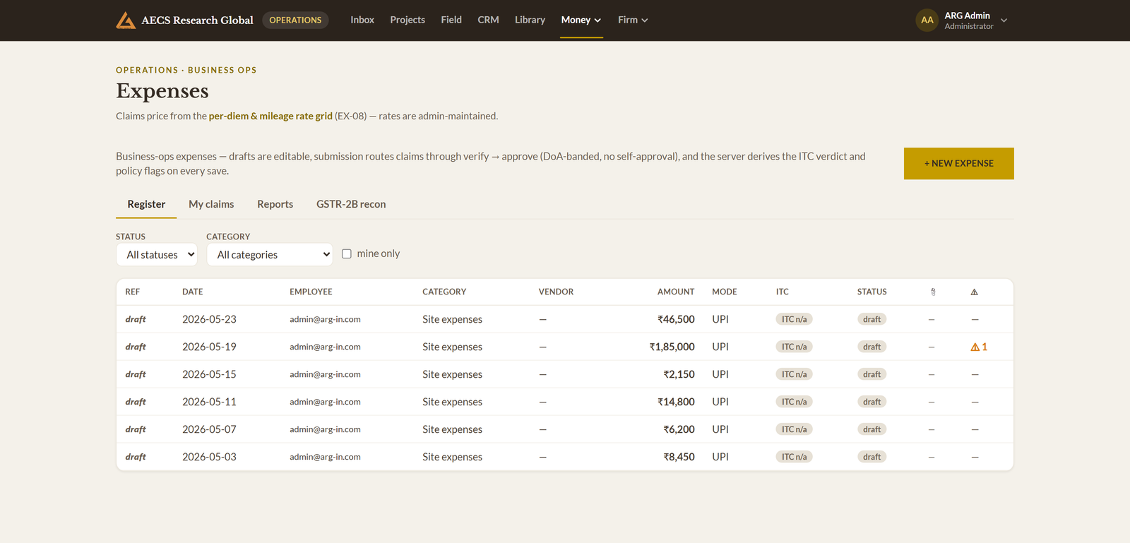 Module 09 · Expense management — a screen from the ArgAssure application